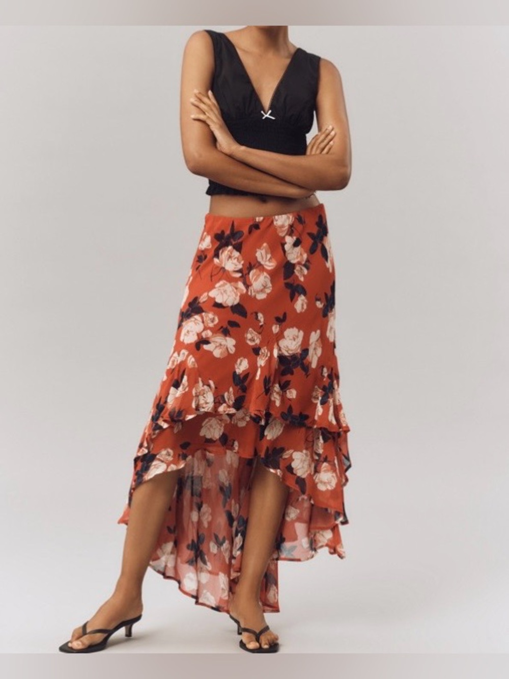 Maeve Rust Floral High-Low Ruffle Skirt Size XS - Picture 1 of 12